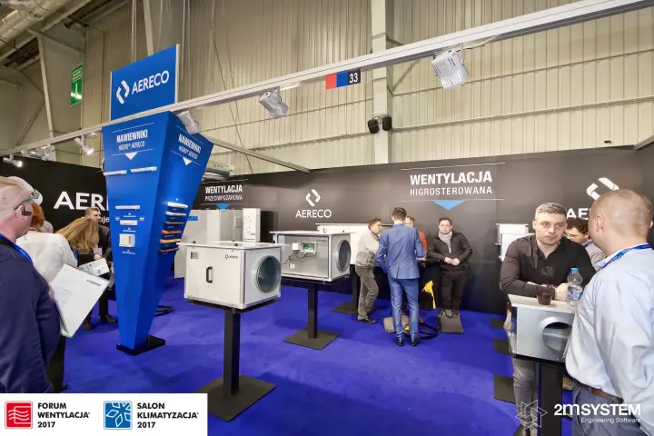 Aereco stand with Higro air inlets and box fans on stands at Forum Wentylacja 2017