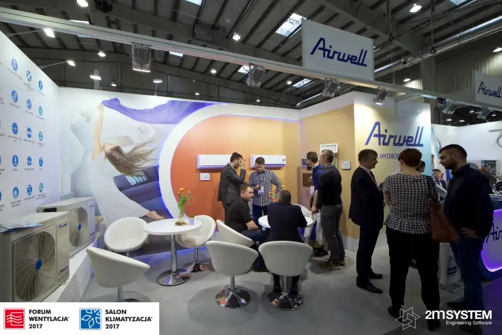 Airwell stand with outdoor units and feature icons wall