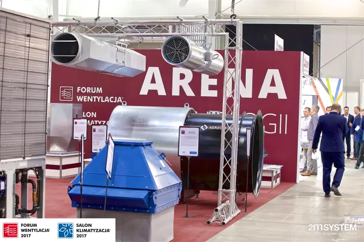 Arena Technologii display with large axial fans, a roof fan and hanging jet fans at Forum Wentylacja 2017