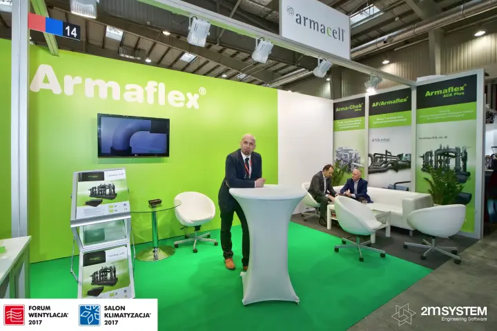 Armacell stand 14 with Armaflex wall, screen and white lounge furniture at Forum Wentylacja 2017
