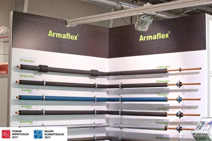 Armaflex pipe insulation range mounted on copper pipes along a corner wall at Forum Wentylacja 2017