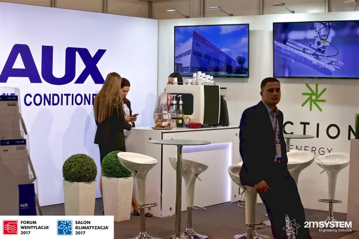 AUX stand with coffee bar, wall screens and Action Energy branding at Forum Wentylacja 2017