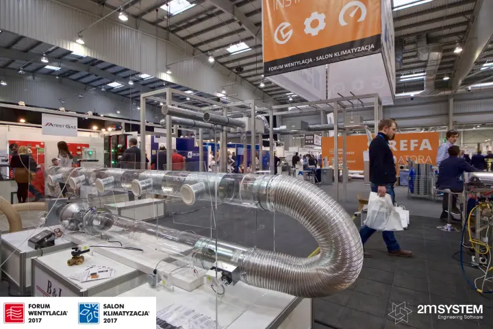 B&L International transparent duct rig with disc valves and flexible duct at Forum Wentylacja 2017