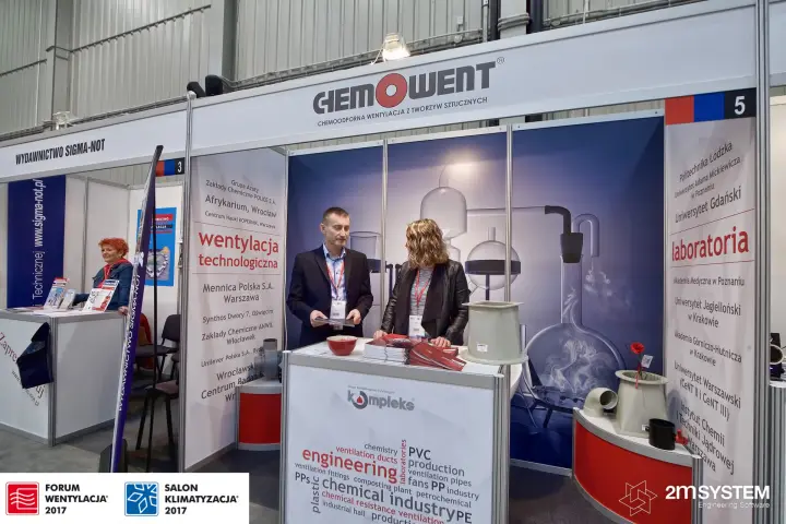 Chemowent stand 5 with plastic ventilation fittings and laboratory graphics at Forum Wentylacja 2017