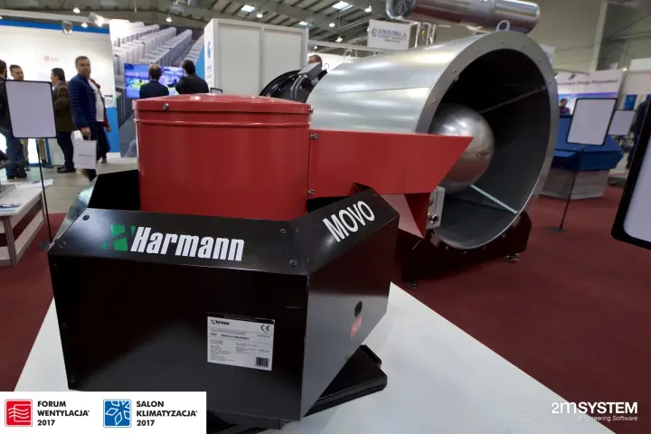 Close-up of a Harmann MOVO smoke exhaust fan with CE label at Forum Wentylacja 2017