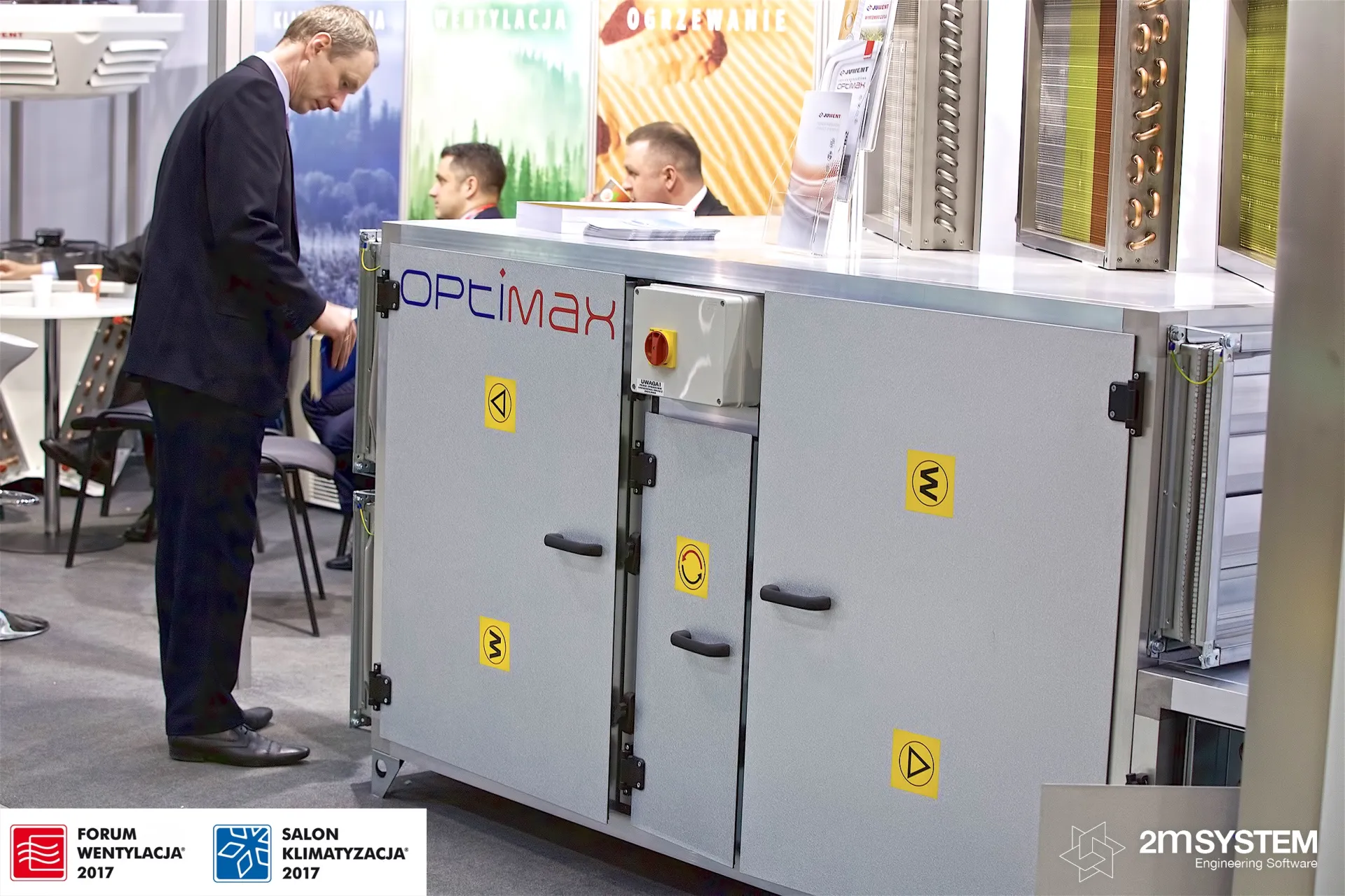 Closer view of the Juwent Optimax unit with access doors and coils on top at Forum Wentylacja 2017