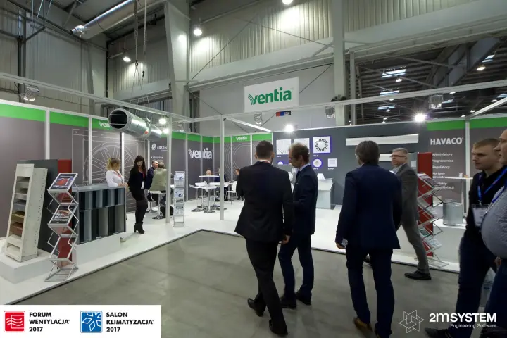 Corner view of Ventia stand with suspended Casals fan and Havaco walls at Forum Wentylacja 2017
