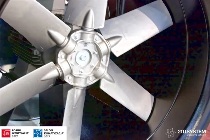 Detail of an aluminium axial fan impeller inside a black casing at Forum Wentylacja 2017