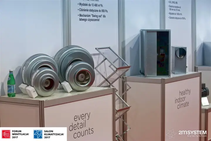 Duct fans on plinths printed "every detail counts" and "healthy indoor climate"