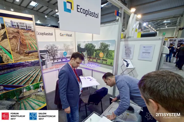 Ecoplastol stand 113 with GeoHeat ground heat exchanger graphics and a ventilation unit at Forum Wentylacja 2017