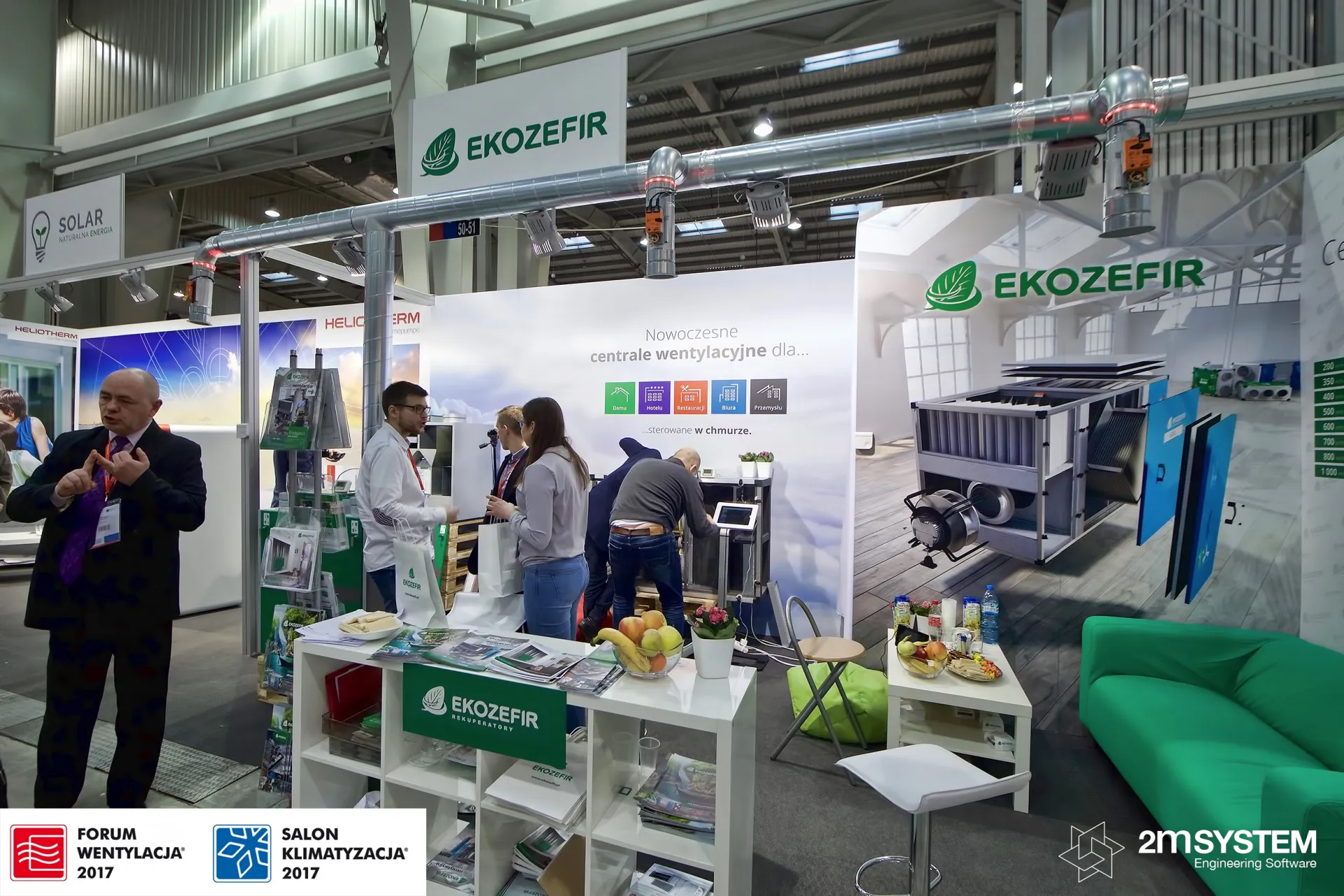 EkoZefir stand with ducting overhead and a tablet-controlled unit at Forum Wentylacja 2017