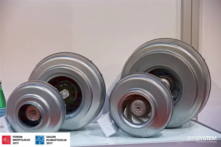 Four galvanised circular duct fans of different sizes