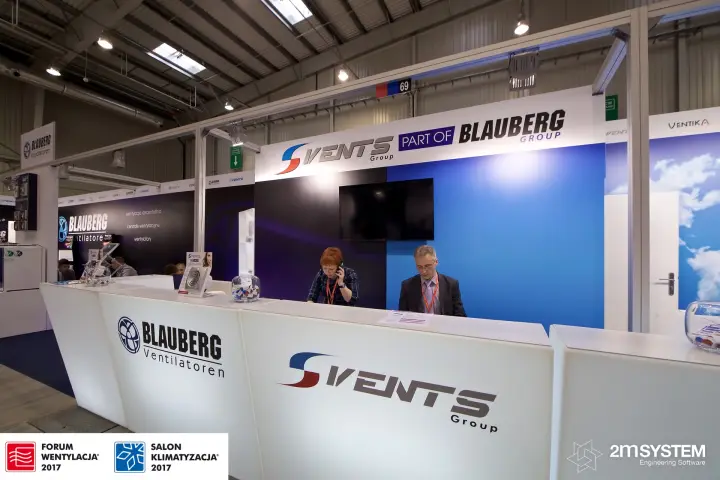 Front view of Vents and Blauberg illuminated counter at stand 69 at Forum Wentylacja 2017