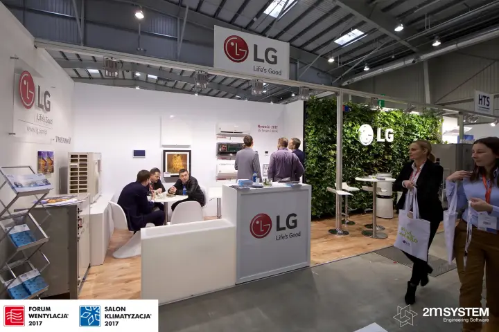 Full view of the LG stand with white display area and plant wall at Forum Wentylacja 2017