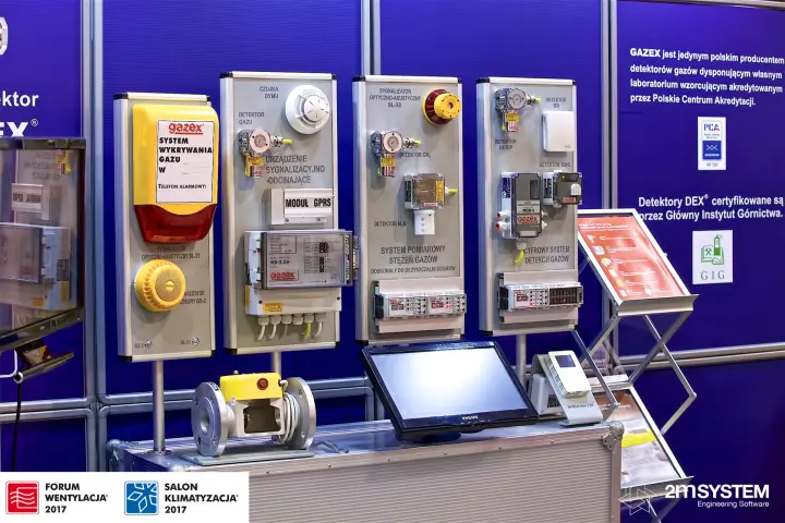 Gazex gas detection system panels on a blue stand wall at Forum Wentylacja 2017