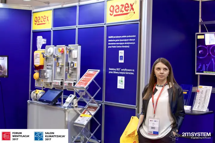 Gazex stand with yellow logo panels and gas detection display at Forum Wentylacja 2017