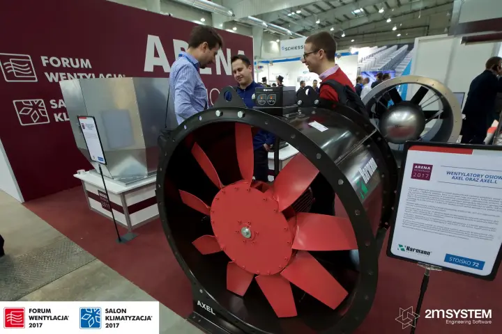 Harmann AXEL axial smoke fan with red impeller and product board at Forum Wentylacja 2017