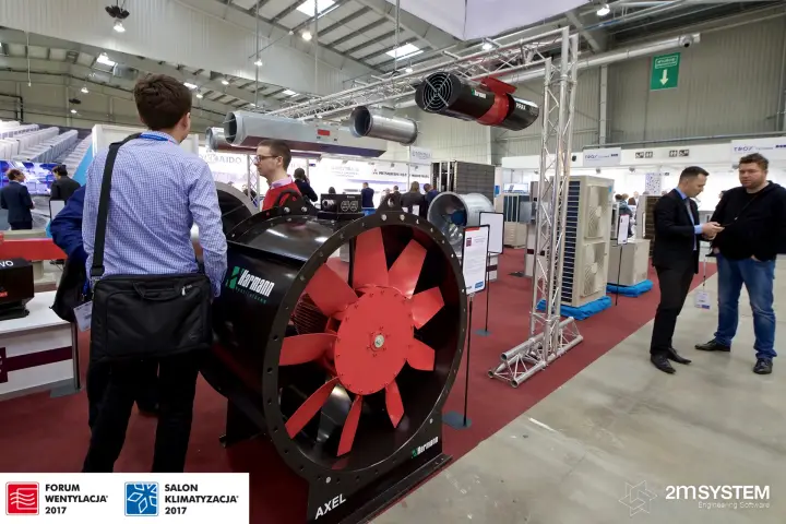 Harmann AXEL fan and PIRAX jet fan hung from the display truss at Forum Wentylacja 2017