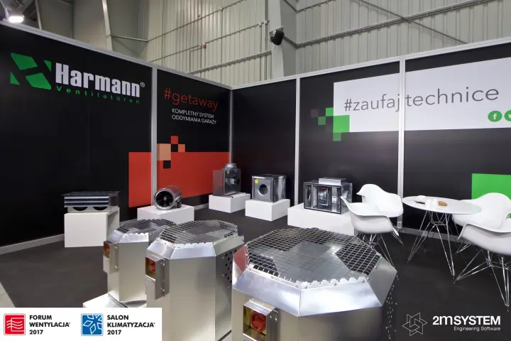 Harmann roof fans and box fans under the #getaway garage smoke slogan at Forum Wentylacja 2017