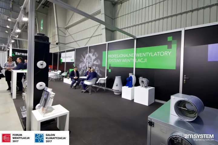 Harmann stand wall with exhaust grilles and duct heater in front at Forum Wentylacja 2017