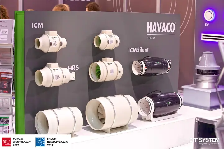 Havaco ICM and ICMSilent inline duct fans on a display wall at Forum Wentylacja 2017