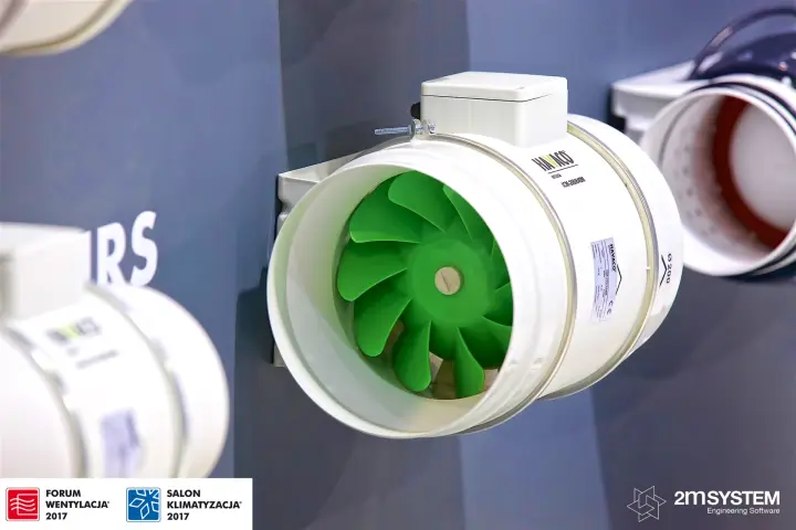 Havaco inline duct fan with green impeller, close-up at Forum Wentylacja 2017