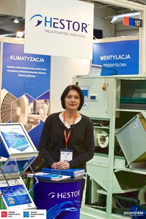 Hestor stand 107 with hanging sign and opened pool ventilation unit at Forum Wentylacja 2017