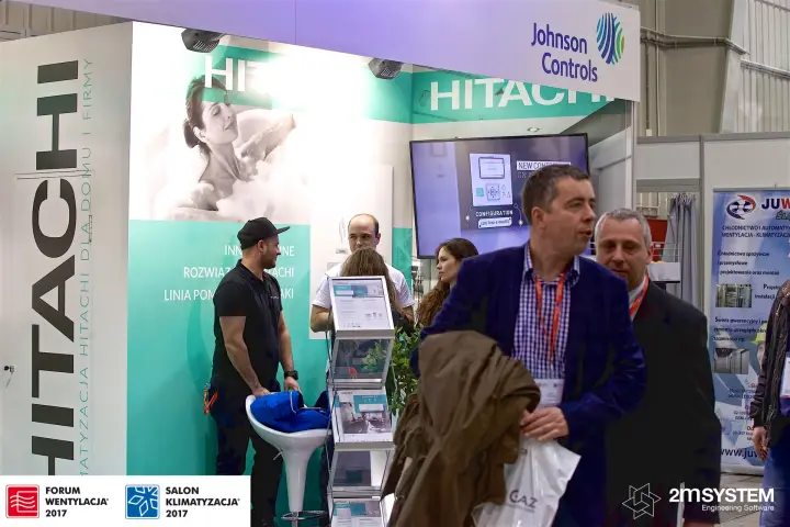 Hitachi stand entrance with controller video and leaflet rack at Forum Wentylacja 2017