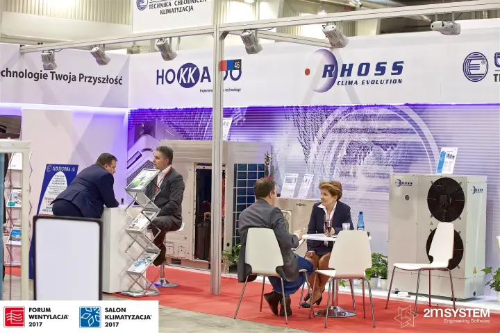 Hokkaido and Rhoss outdoor units on a stand with purple-lit back wall