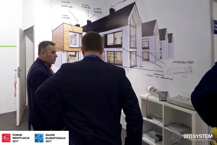 House sketch wall with Darco roof outlet labels at Forum Wentylacja 2017