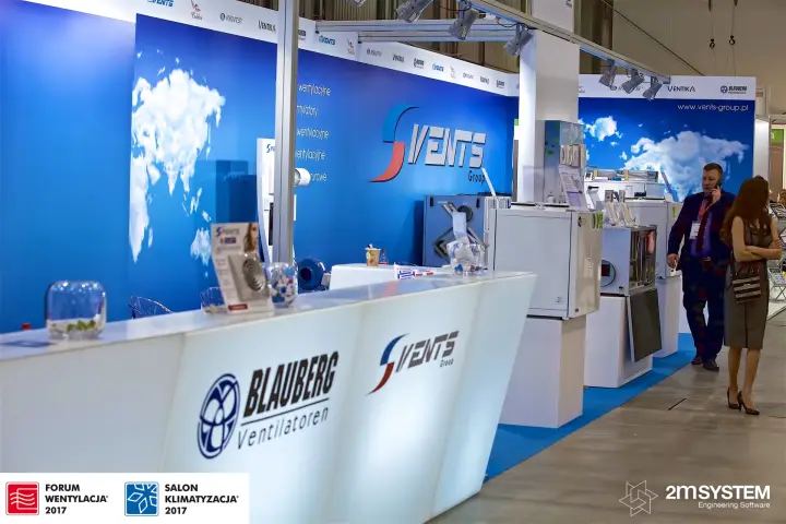 Illuminated Vents and Blauberg Ventilatoren counter on a blue stand at Forum Wentylacja 2017