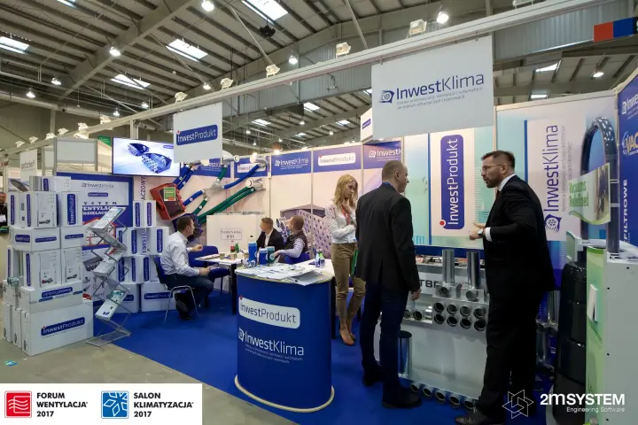 Inwest Klima stand with ventilation manifolds and boxed fittings at Forum Wentylacja 2017