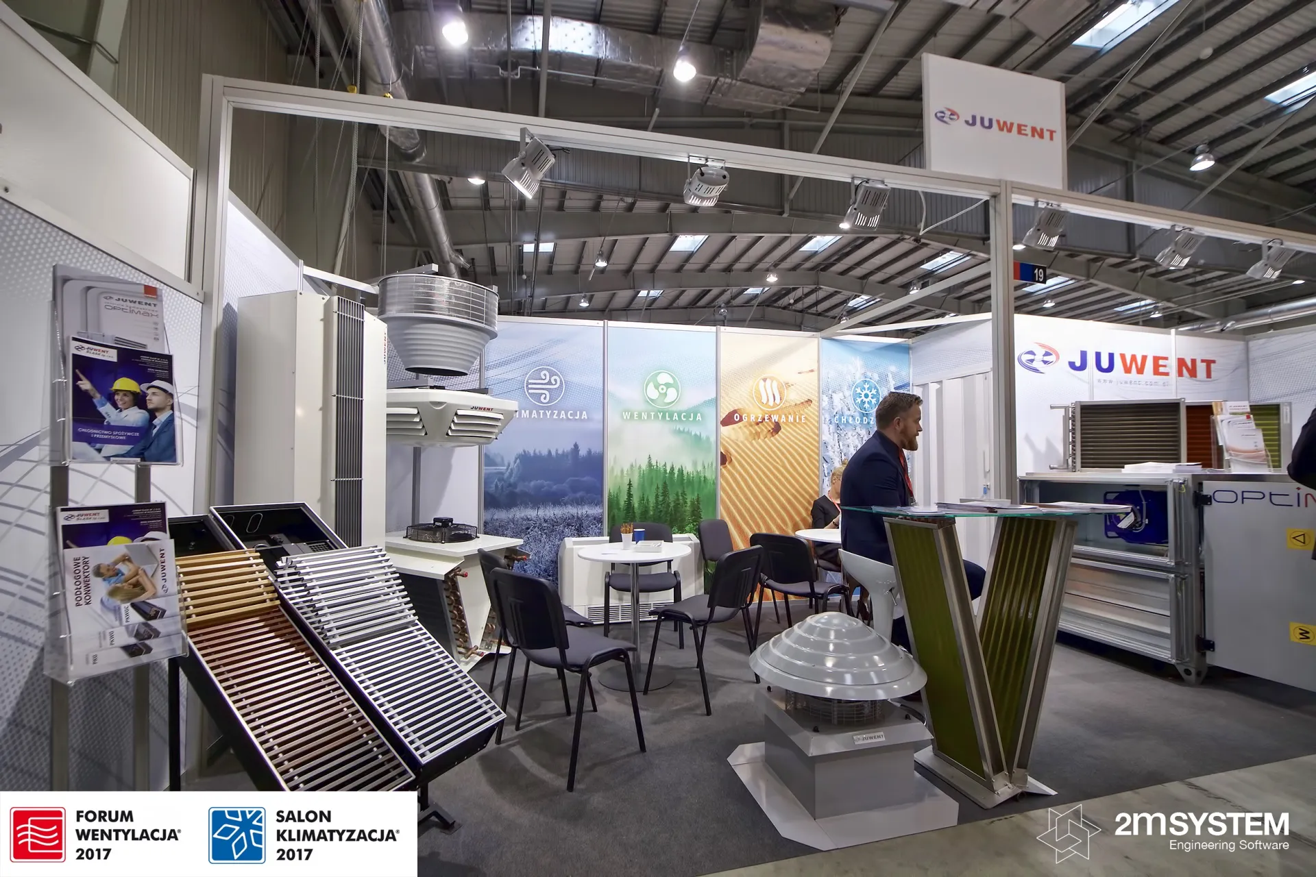 Juwent stand with floor convector grilles, roof fan and heat exchanger coils at Forum Wentylacja 2017