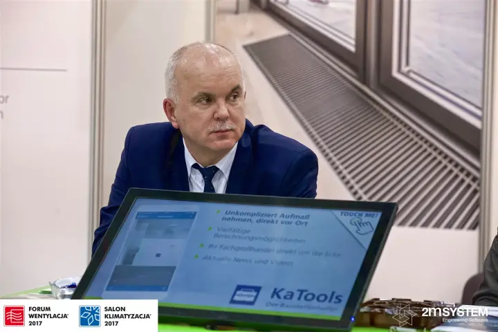 KaTools site-helper app shown on a touchscreen at Kampmann at Forum Wentylacja 2017