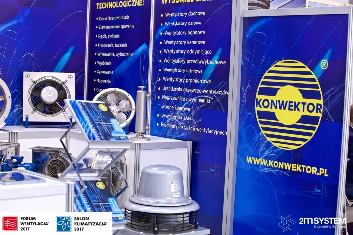 Konwektor fans and roof fan in front of a product list banner at Forum Wentylacja 2017