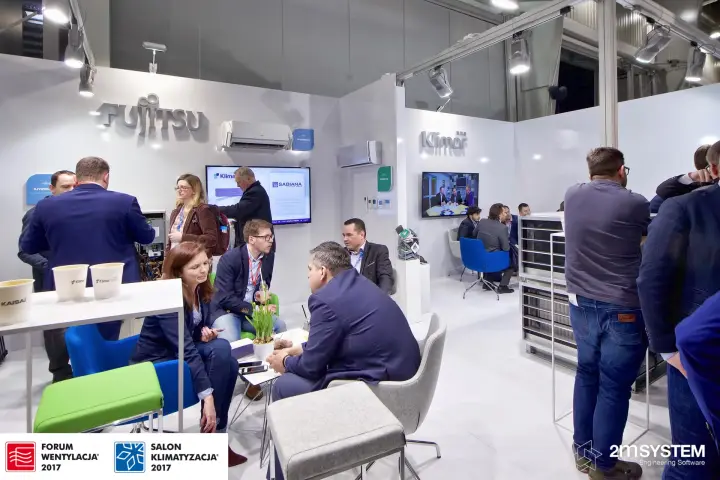 Lounge area on the white Klima-Therm stand with Fujitsu and Klimor zones at Forum Wentylacja 2017