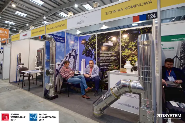 MK stand 124 with large stainless flue elbows and chimney systems graphics at Forum Wentylacja 2017