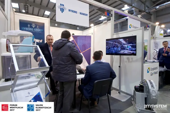 Nyborg-Mawent booth with an industrial centrifugal fan and video screen at Forum Wentylacja 2017