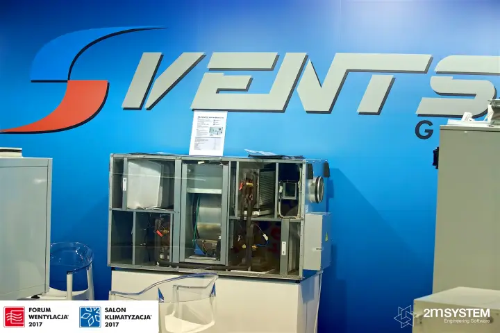 Open-panel Vents ventilation unit in front of the large Vents logo at Forum Wentylacja 2017