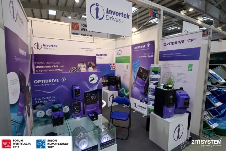 Optidrive E3 poster and purple inverters on the Invertek Drives booth at Forum Wentylacja 2017