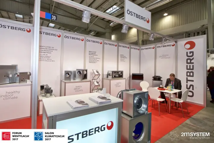 Östberg stand 39 with duct fans and red carpet