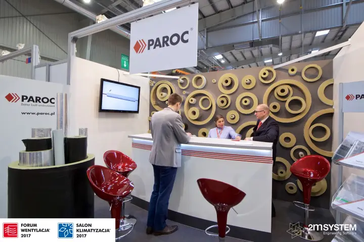 Paroc stand with mineral wool pipe sections and reception counter at Forum Wentylacja 2017