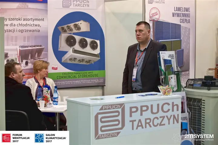 PPUCh Tarczyn stand with heat exchanger banner and condensing unit fan at Forum Wentylacja 2017