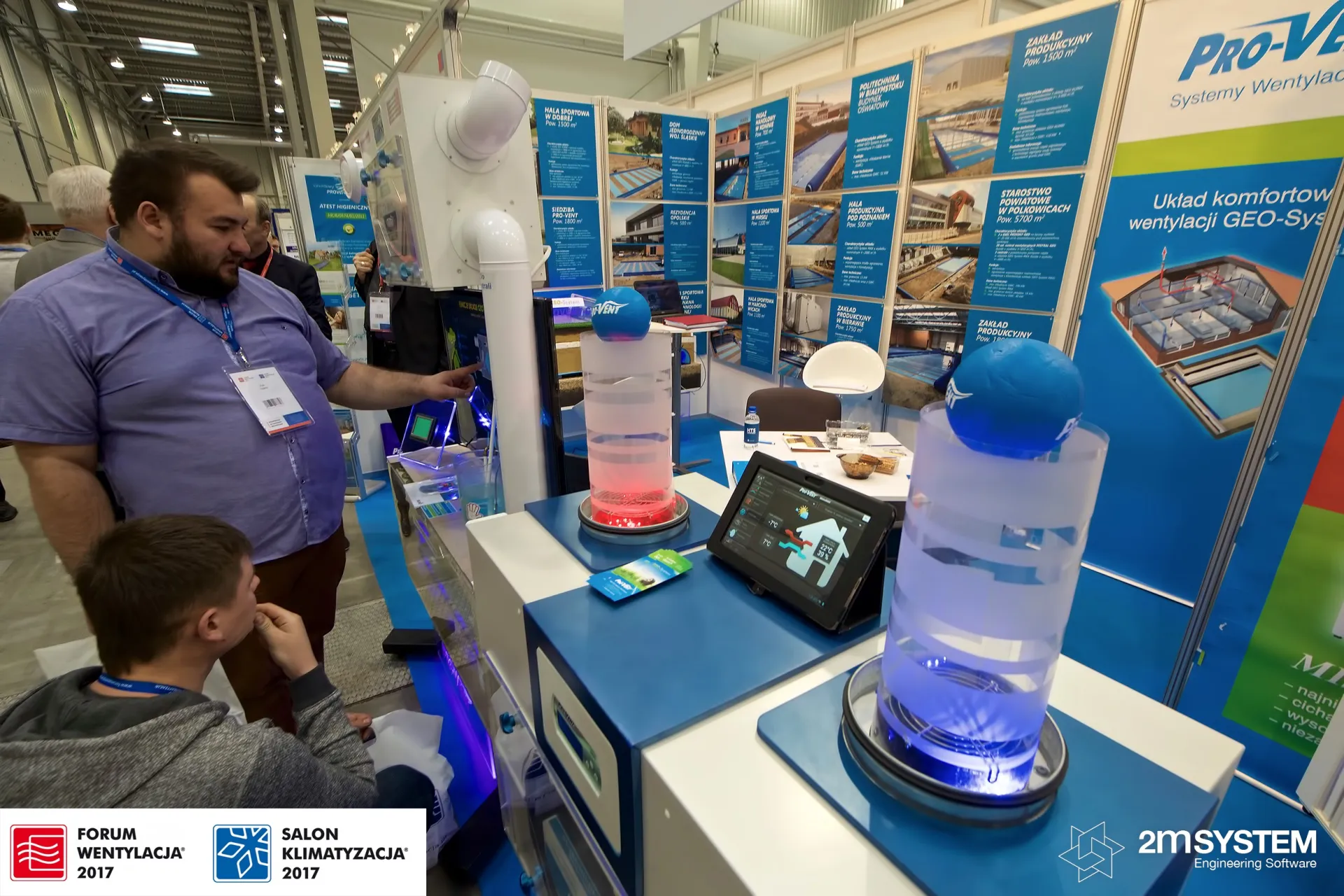 Pro-Vent demo with red and blue lit air columns and tablet control at Forum Wentylacja 2017