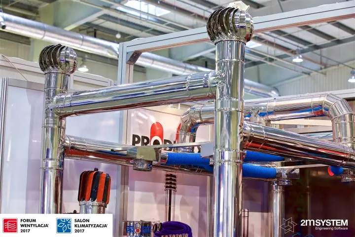 Prodmax stainless steel flue system topped with rotating chimney cowls at Forum Wentylacja 2017
