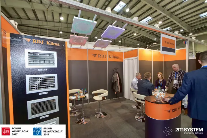RDJ Klima stand with grille display and illuminated ceiling diffusers at Forum Wentylacja 2017