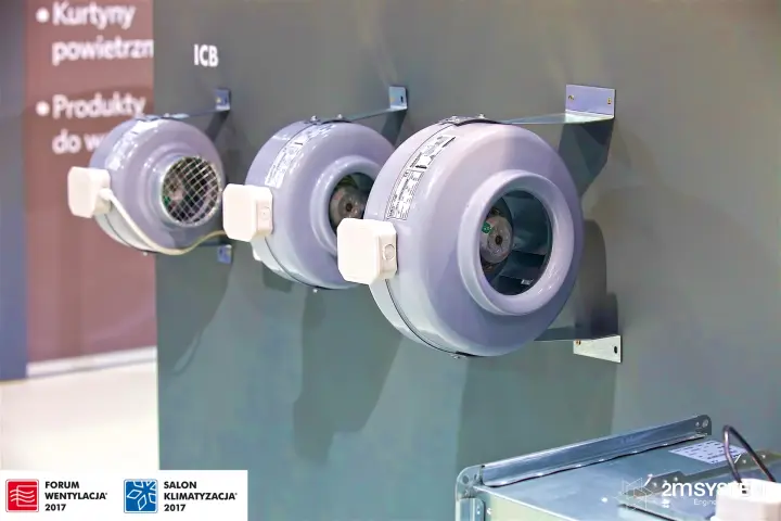 Row of grey circular duct fans on wall brackets, ICB series at Forum Wentylacja 2017