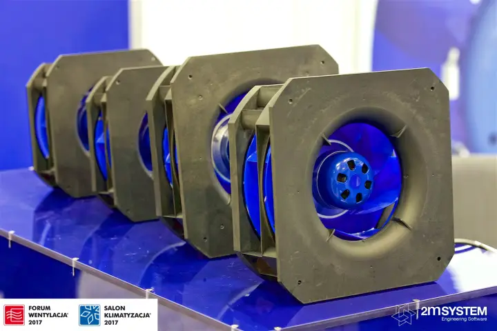 Row of Ziehl-Abegg centrifugal fans with blue impellers in black square housings