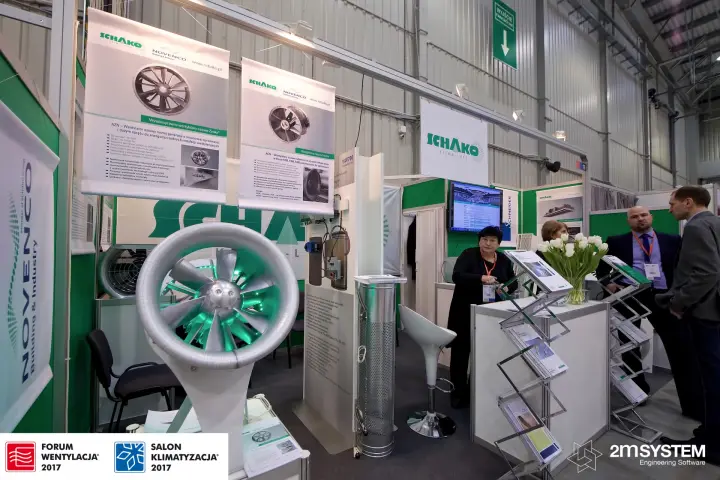 Schako stand with lit Novenco axial fan and ZerAx banners at Forum Wentylacja 2017