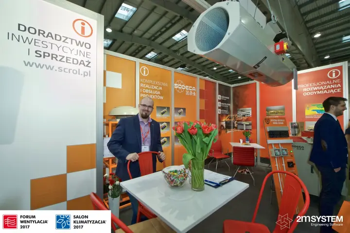 Scrol stand with a suspended Sodeca jet fan and orange smoke-control panels at Forum Wentylacja 2017